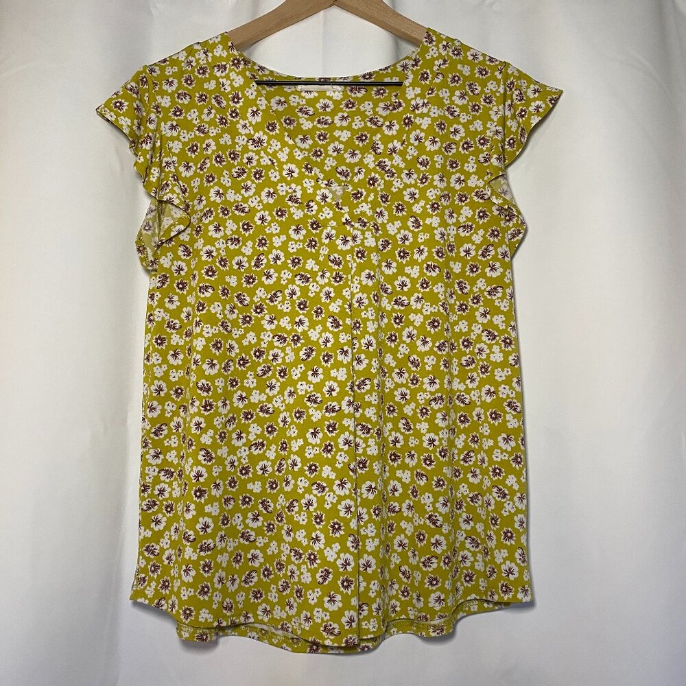 Beacon Apparel Womens M Flutter Sleeve Knit Blouse Yellow Floral Stretch EUC
